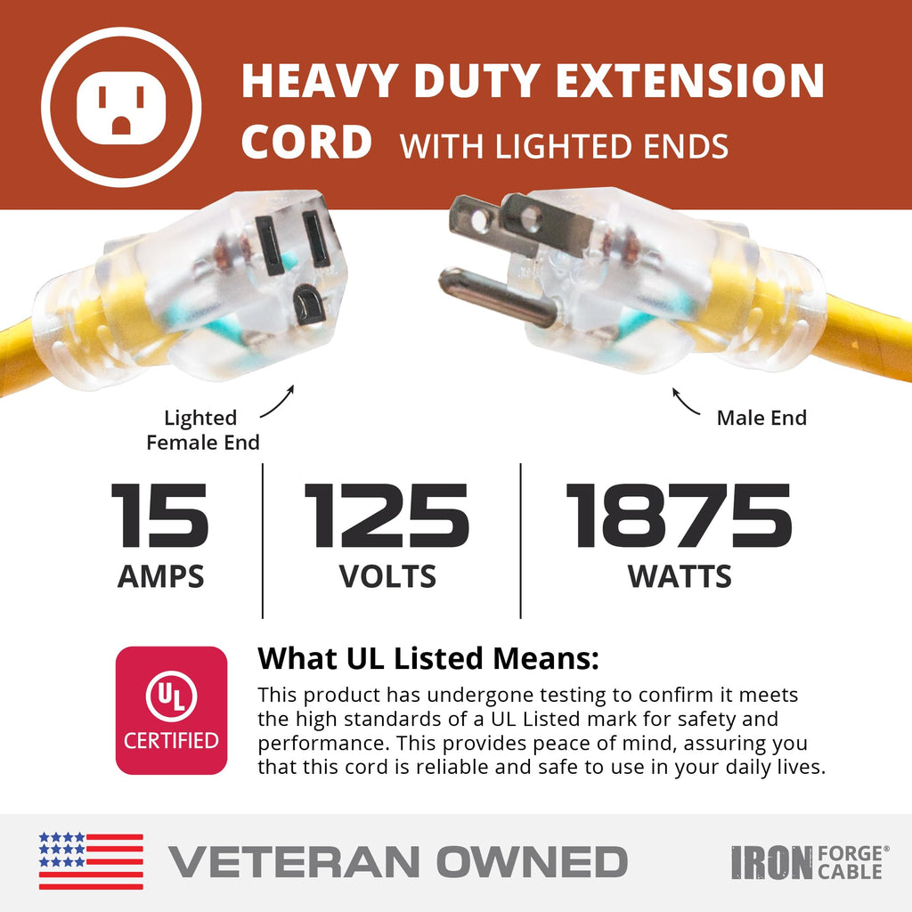 100 Foot Outdoor Extension Cord 12/3 SJTW Heavy Duty Yellow 3 Prong 15 AMP V286
