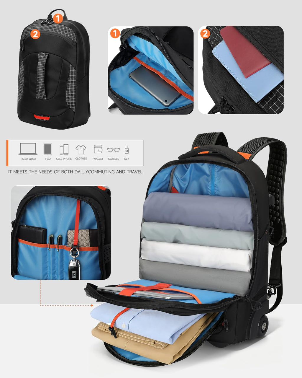 2-in-1 Detachable Backpack with Wheels T7000