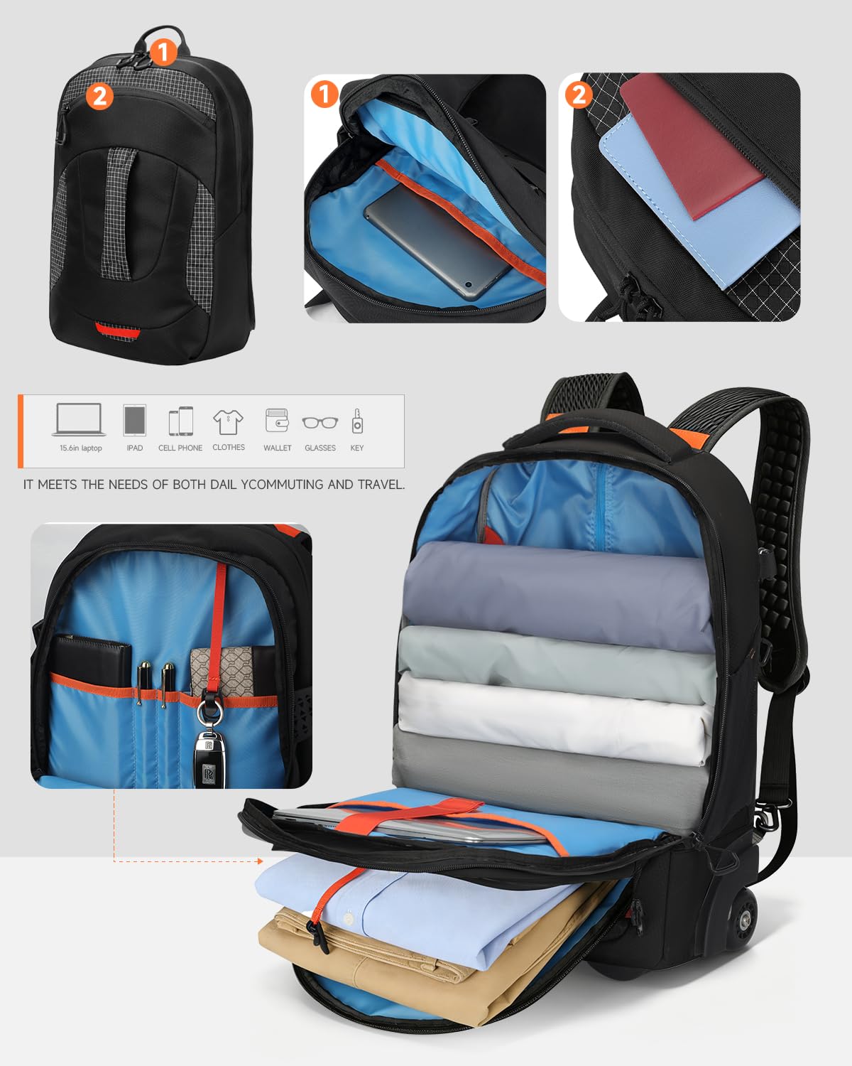 2-in-1 Detachable Backpack with Wheels T7000