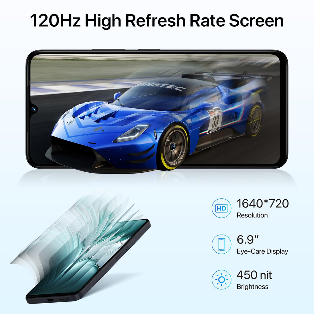 Unlocked Cell Phone Android 14, 6.9" HD+ 120Hz, 12GB +128GB, 6000mAh, 50MP Triple Camera, Dual 4G LTE, NFC, Black A12162