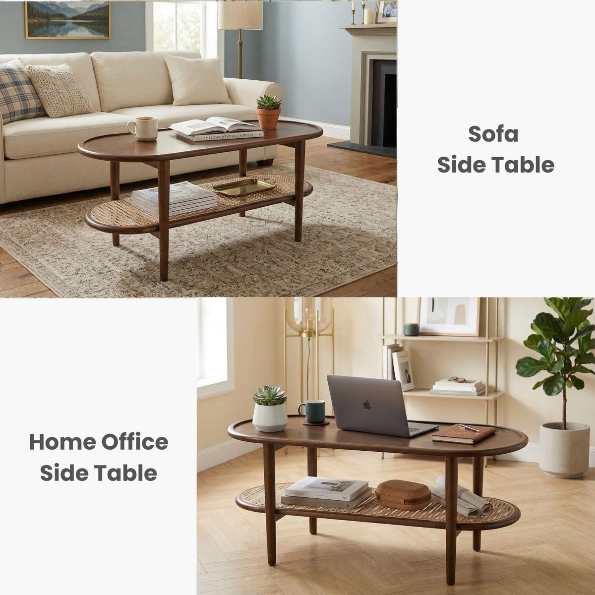 Oval 2-Tier Coffee Table with Rattan Storage Shelf V164150