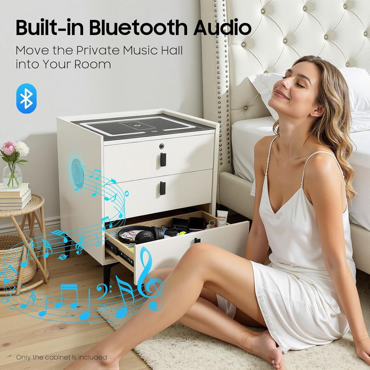 Beige 3 Drawer Smart Nightstand with Fingerprint Lock Q8106