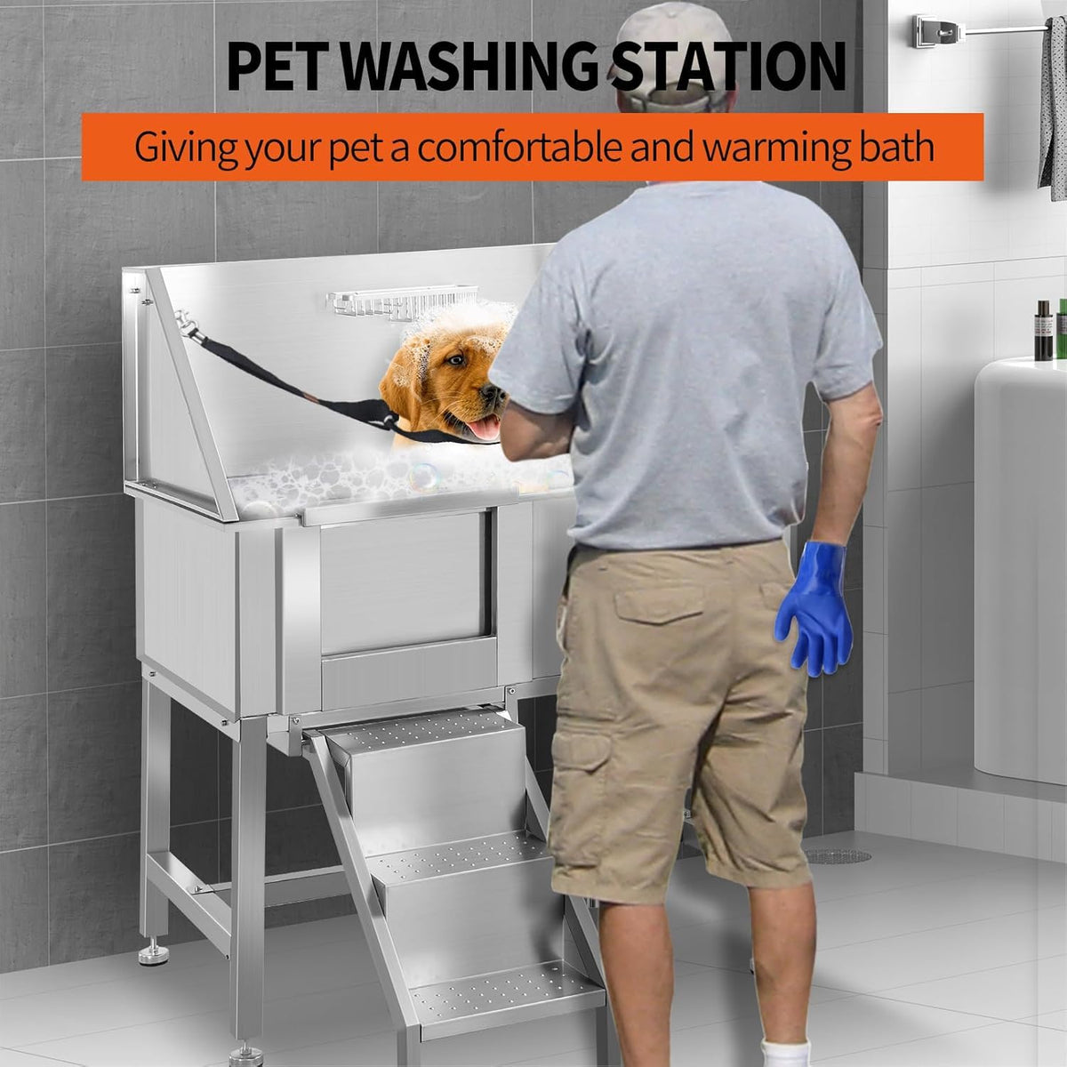 38" Stainless Steel Dog Grooming Tub with Anti-Slip Stairs A2007