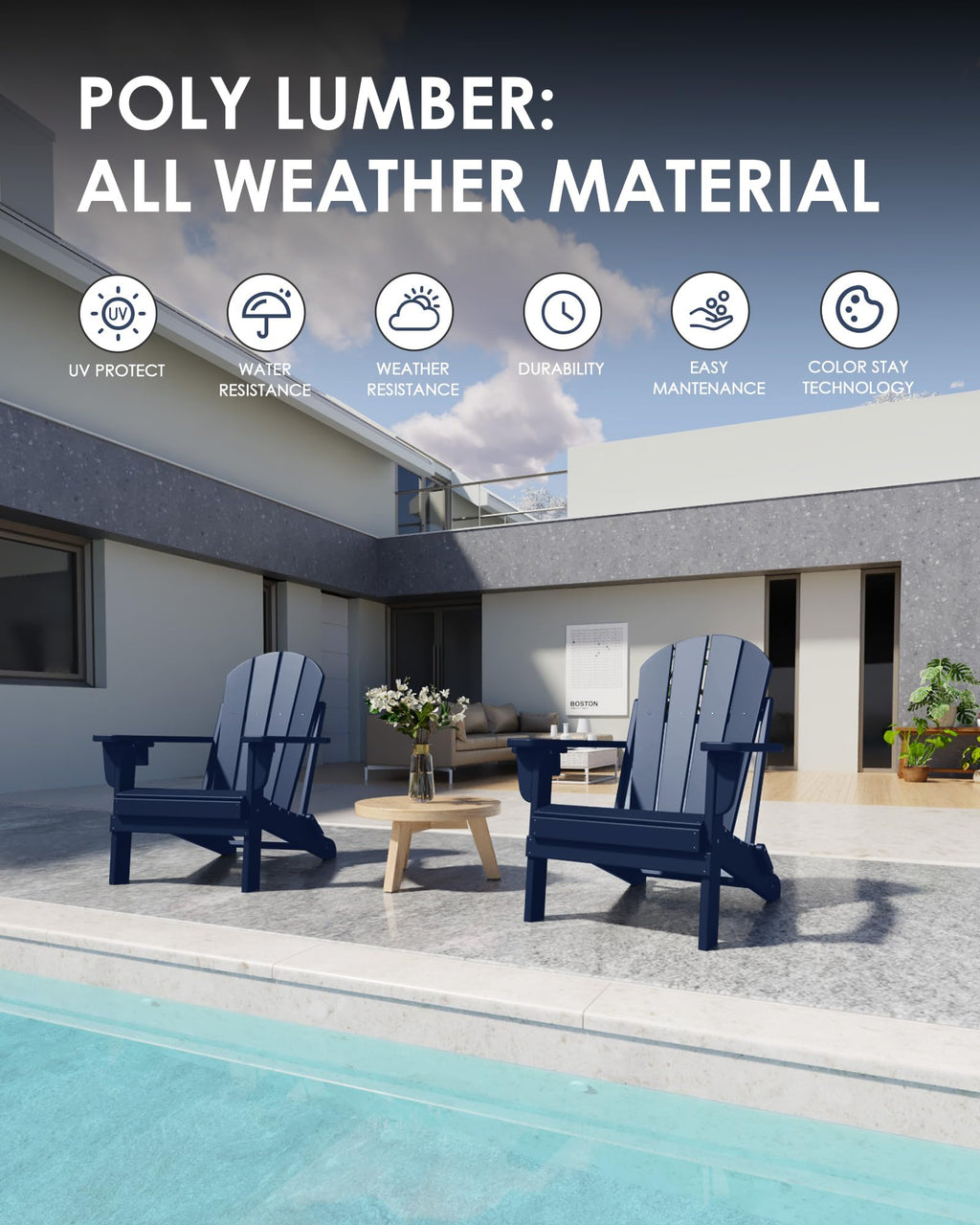 Folding Adirondack Chairs Set of 6, All-Weather Resistant HDPE Patio Chairs with Cup Holder, Navy Blue V29841