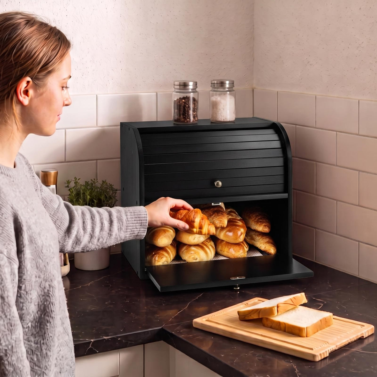 Black Roll Top Bread Box with Cutting Board K82514
