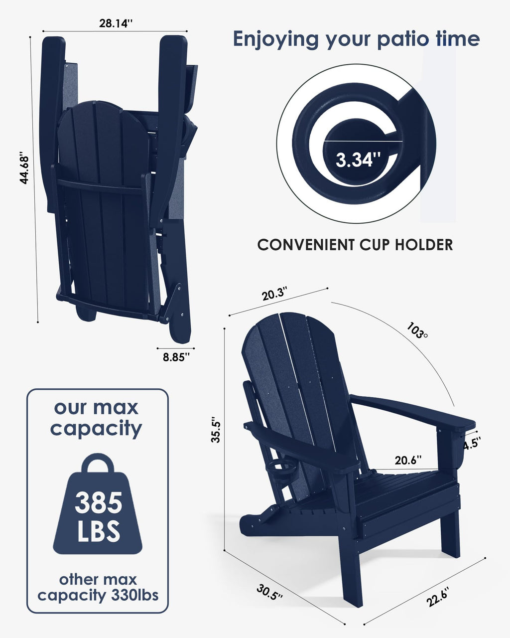 Folding Adirondack Chairs Set of 6, All-Weather Resistant HDPE Patio Chairs with Cup Holder, Navy Blue V29841