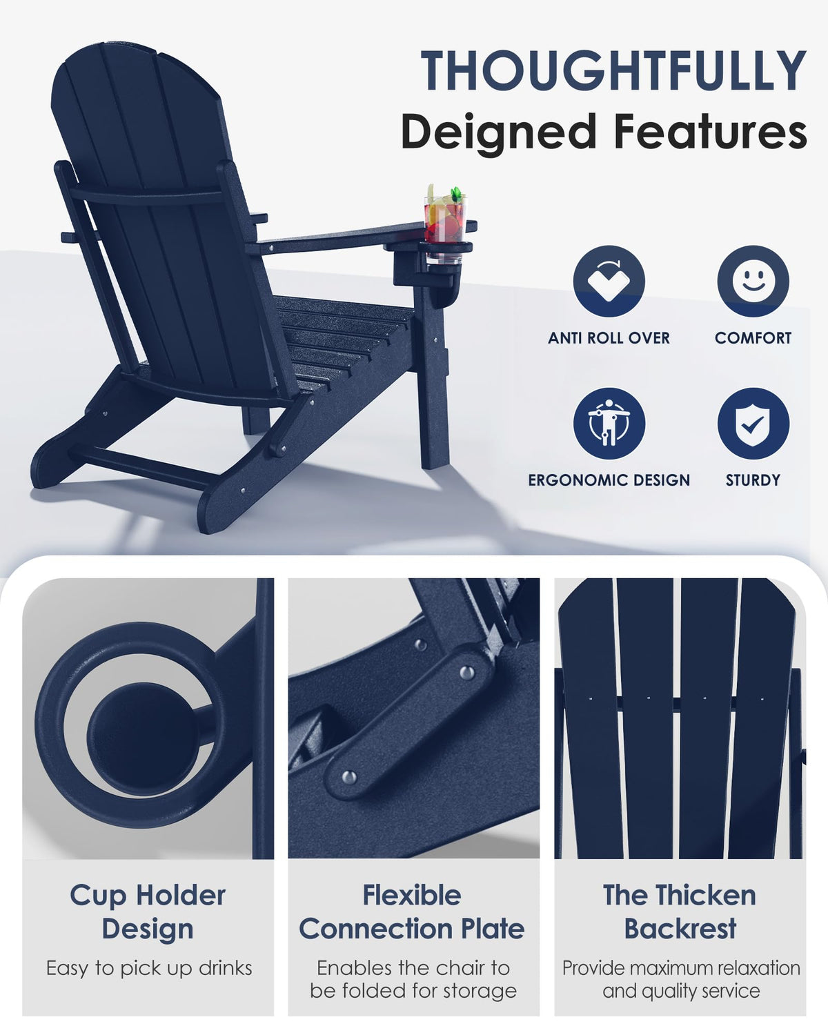 Folding Adirondack Chairs Set of 6, All-Weather Resistant HDPE Patio Chairs with Cup Holder, Navy Blue V29841