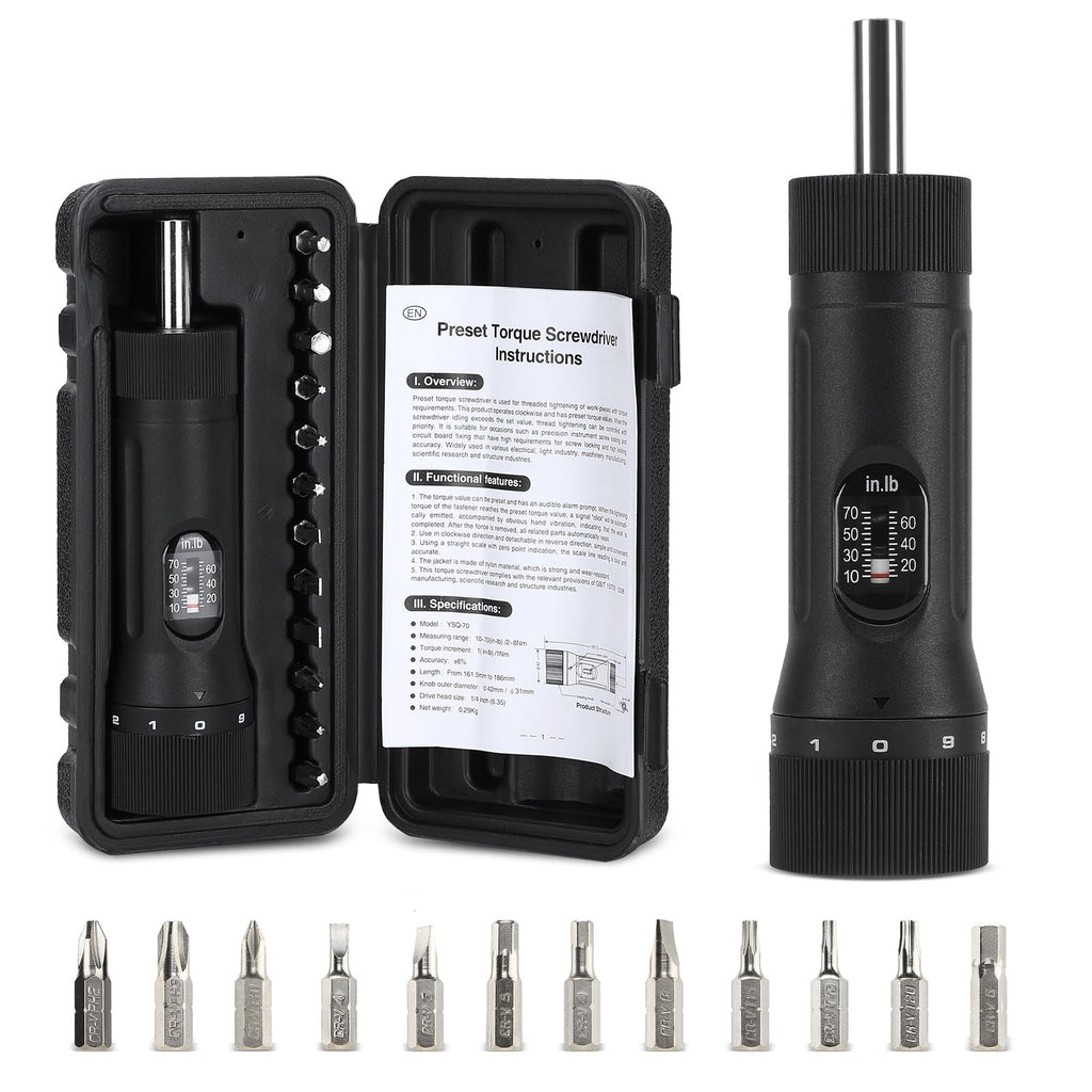 Torque Screwdriver with 12 Pieces Interchangeable Bits 1/4" Drive Black E795