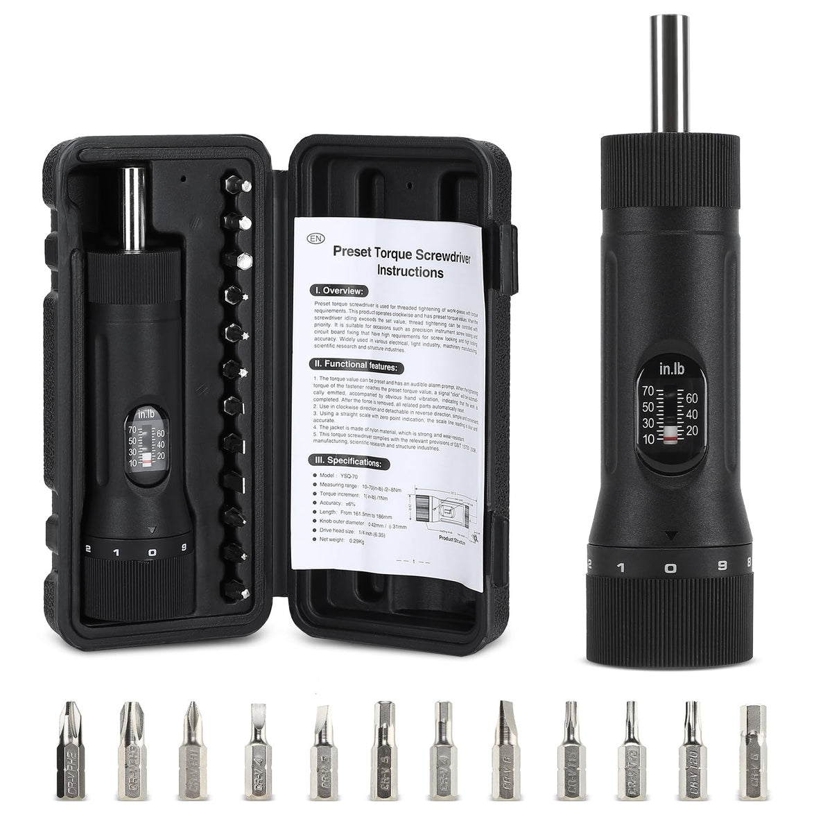 Torque Screwdriver with 12 Pieces Interchangeable Bits 1/4" Drive Black E795