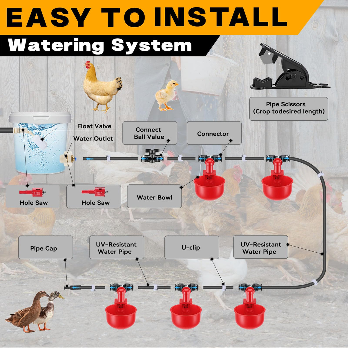 Automatic Chicken Watering System with 10 Red Cups N7556