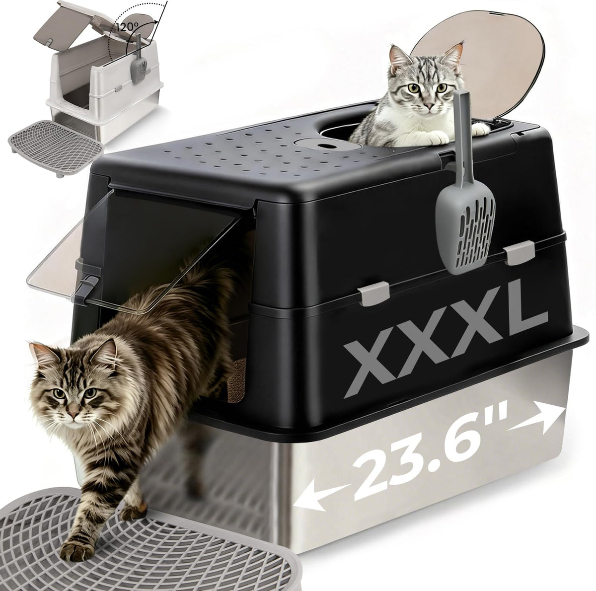 Extra Large Stainless Steel Enclosed Cat Litter Box with Lid and Scoop N43764