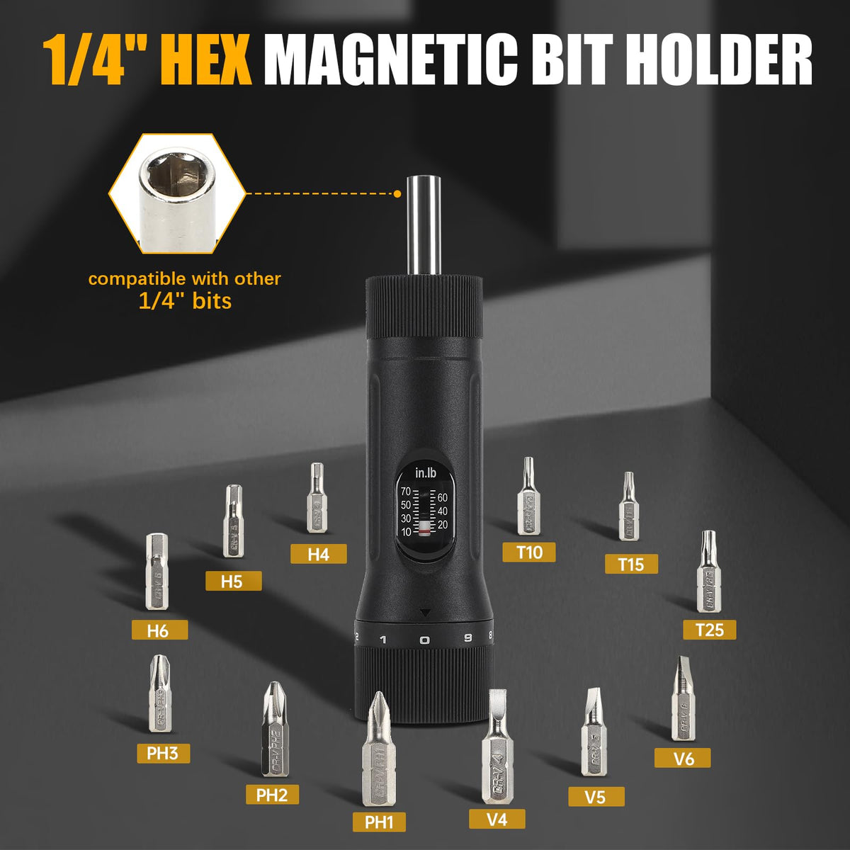 Torque Screwdriver with 12 Pieces Interchangeable Bits 1/4" Drive Black E795