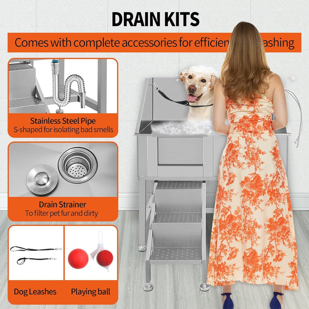 38" Stainless Steel Dog Grooming Tub with Anti-Slip Stairs A2007