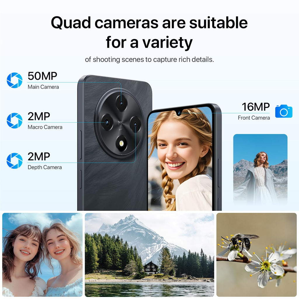 Unlocked Cell Phone Android 14, 6.9" HD+ 120Hz, 12GB +128GB, 6000mAh, 50MP Triple Camera, Dual 4G LTE, NFC, Black A12162