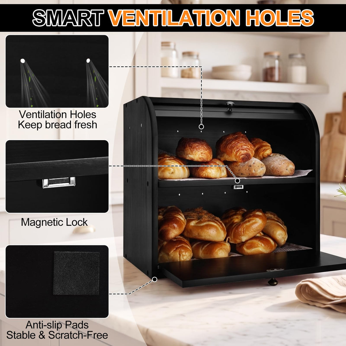 Black Roll Top Bread Box with Cutting Board K82514