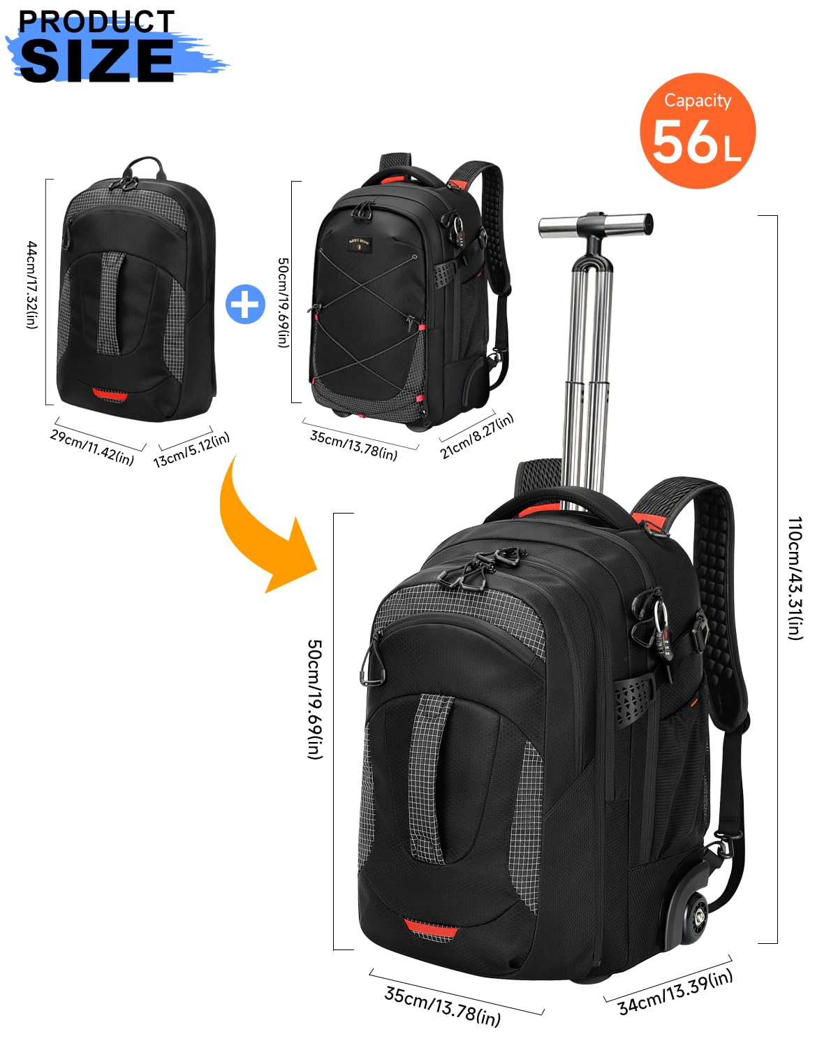 2-in-1 Detachable Backpack with Wheels T7000