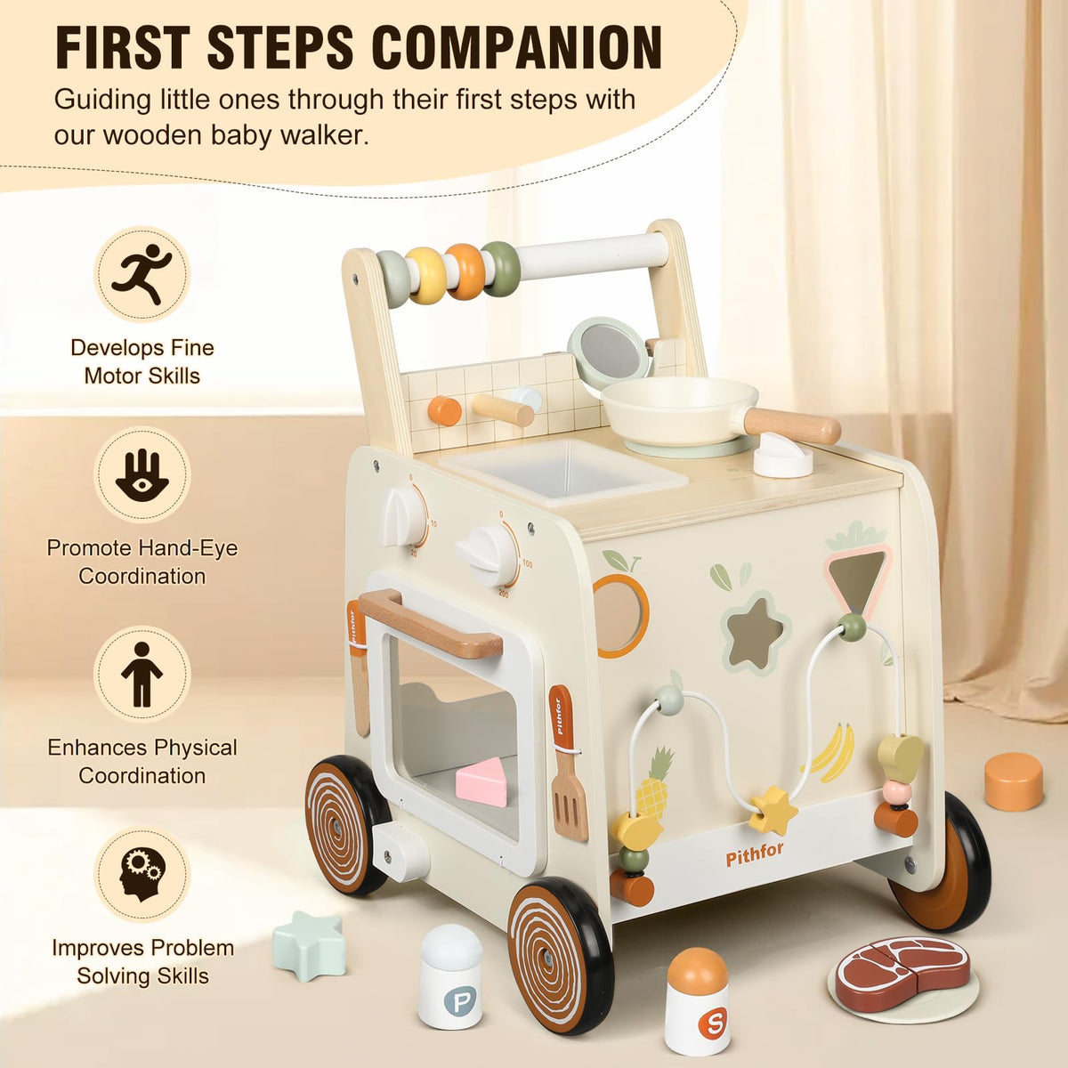 Wooden Baby Push Walker with Pretend Kitchen M932