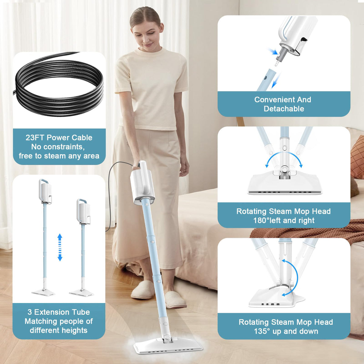 6 in1 Steam Mop Cleaner with 2 Modes, 2 Microfiber Pads, 400ML Removable Tank Z787507