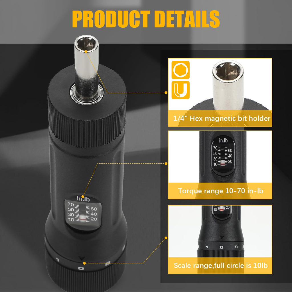 Torque Screwdriver with 12 Pieces Interchangeable Bits 1/4" Drive Black E795