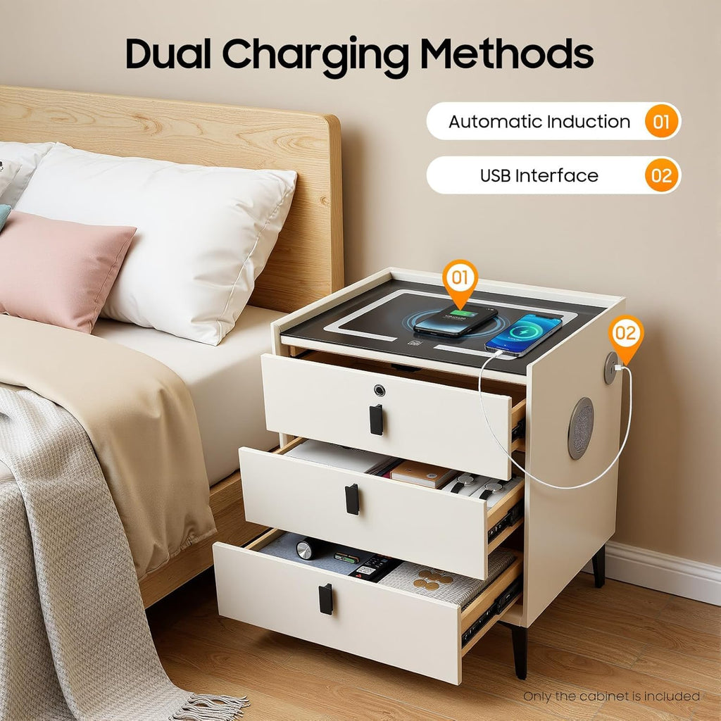 Beige 3 Drawer Smart Nightstand with Fingerprint Lock Q8106