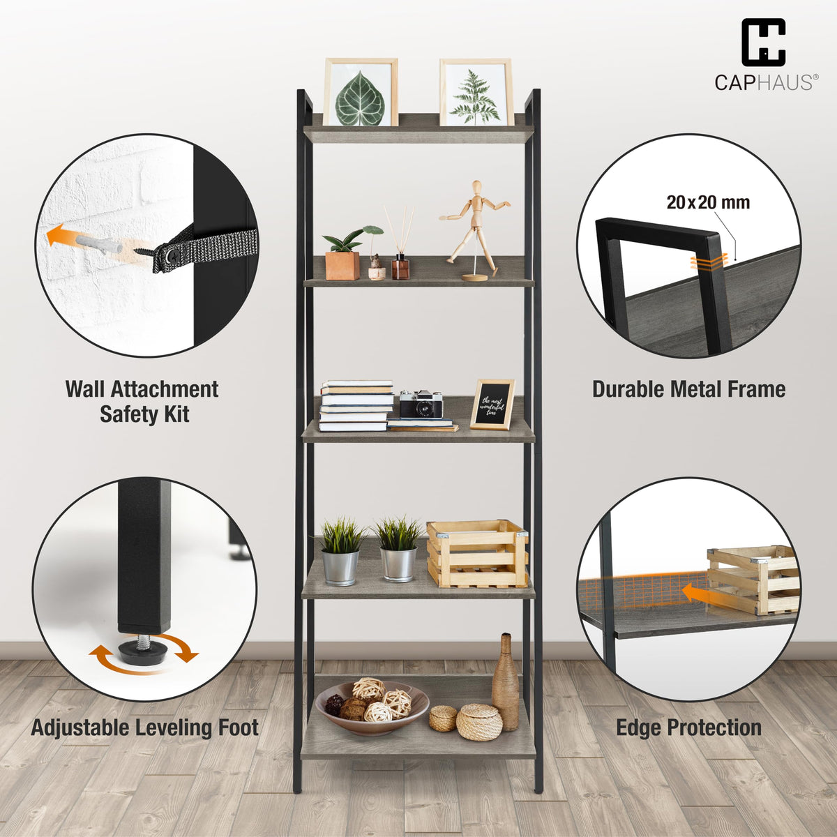 5 Tier Ladder Bookshelf, 24 Inch Free Standing Storage Rack, Dark Grey X3204