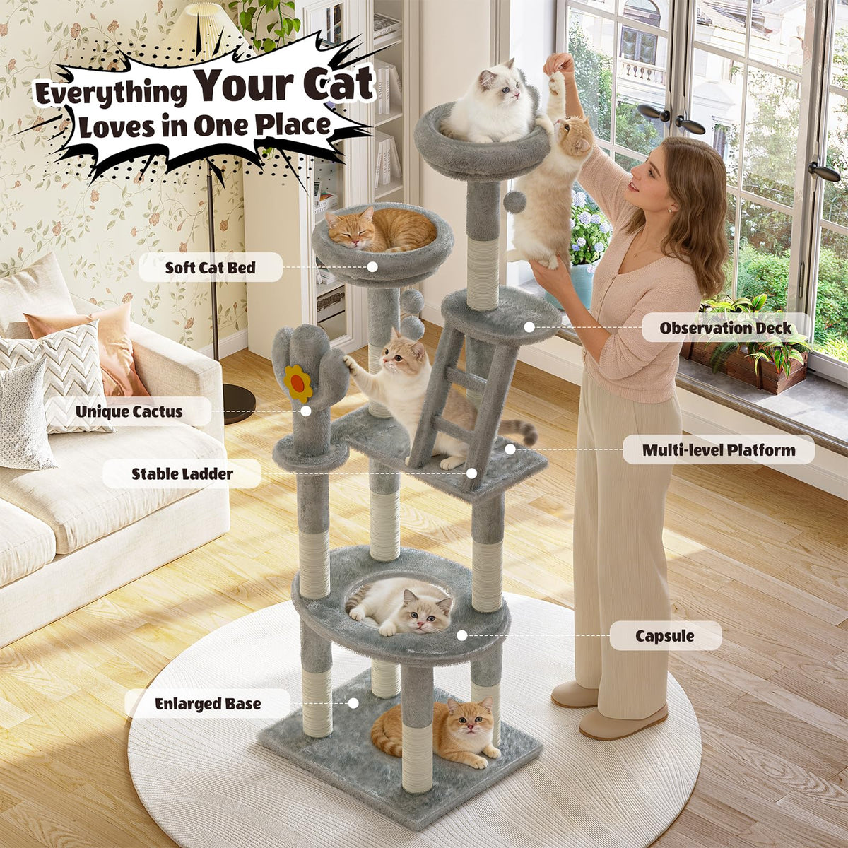 72in Gray Multi-Level Cat Tree with Transparent Capsule T773469