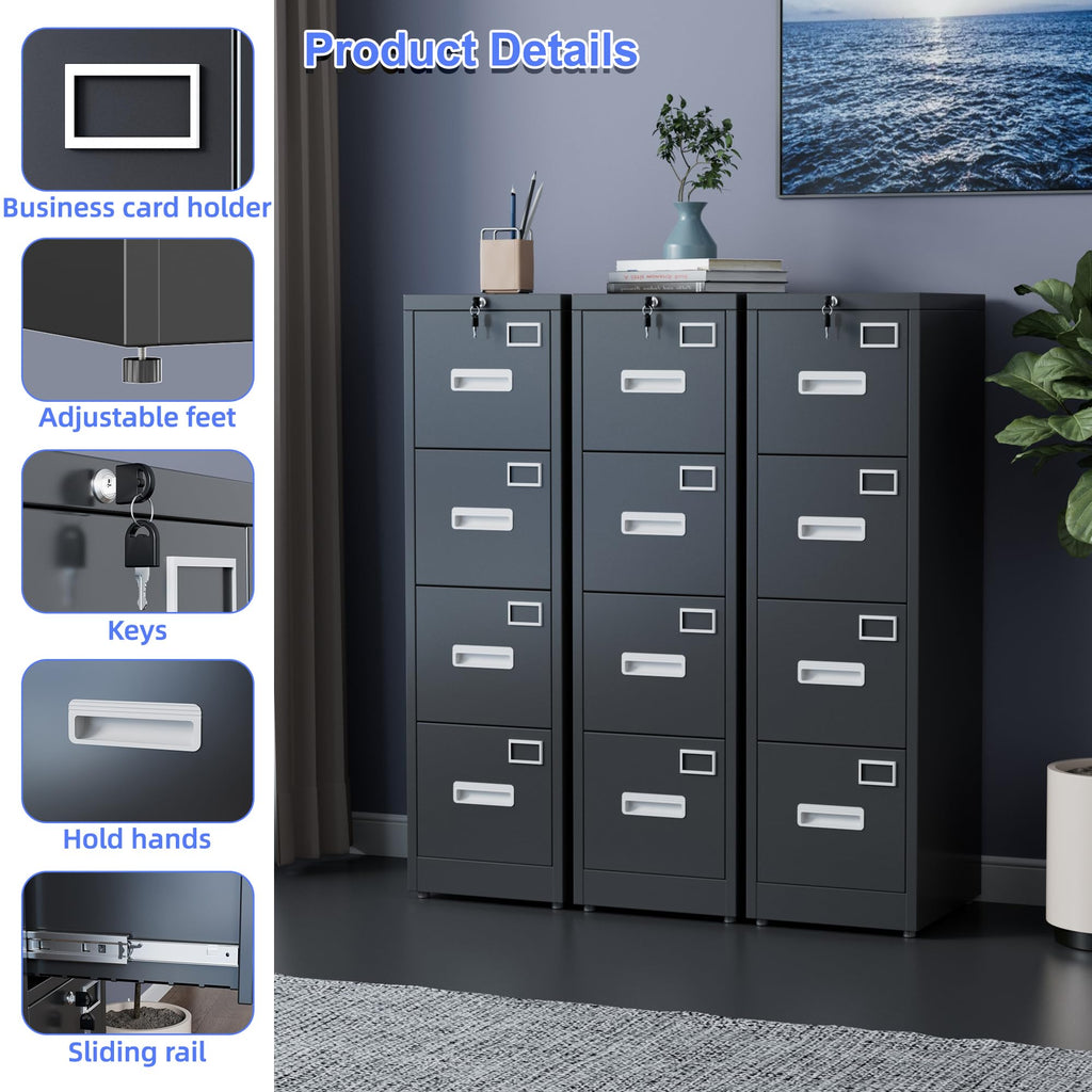 Black 4-Drawer Metal File Cabinet with Lock X418