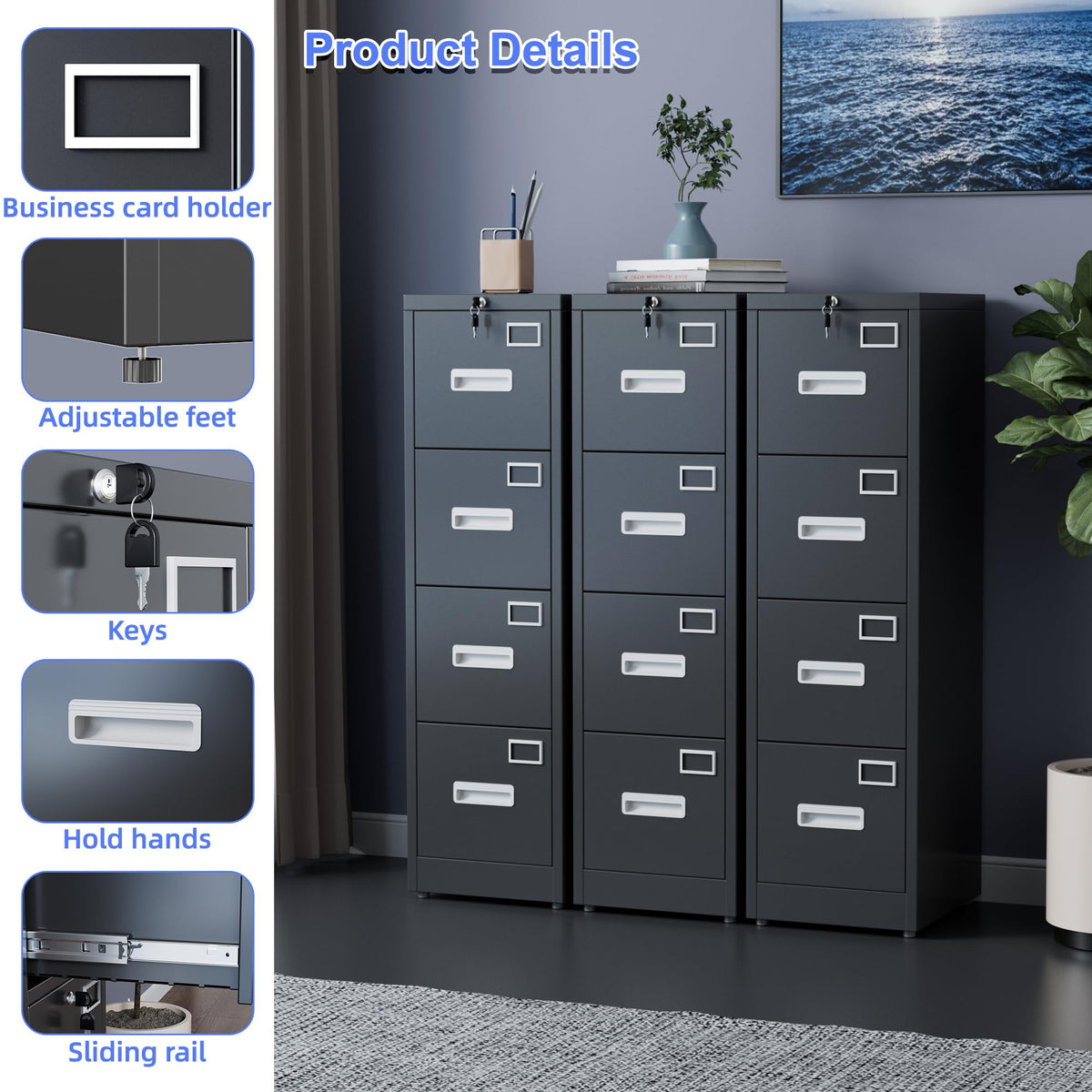 Black 4-Drawer Metal File Cabinet with Lock X418