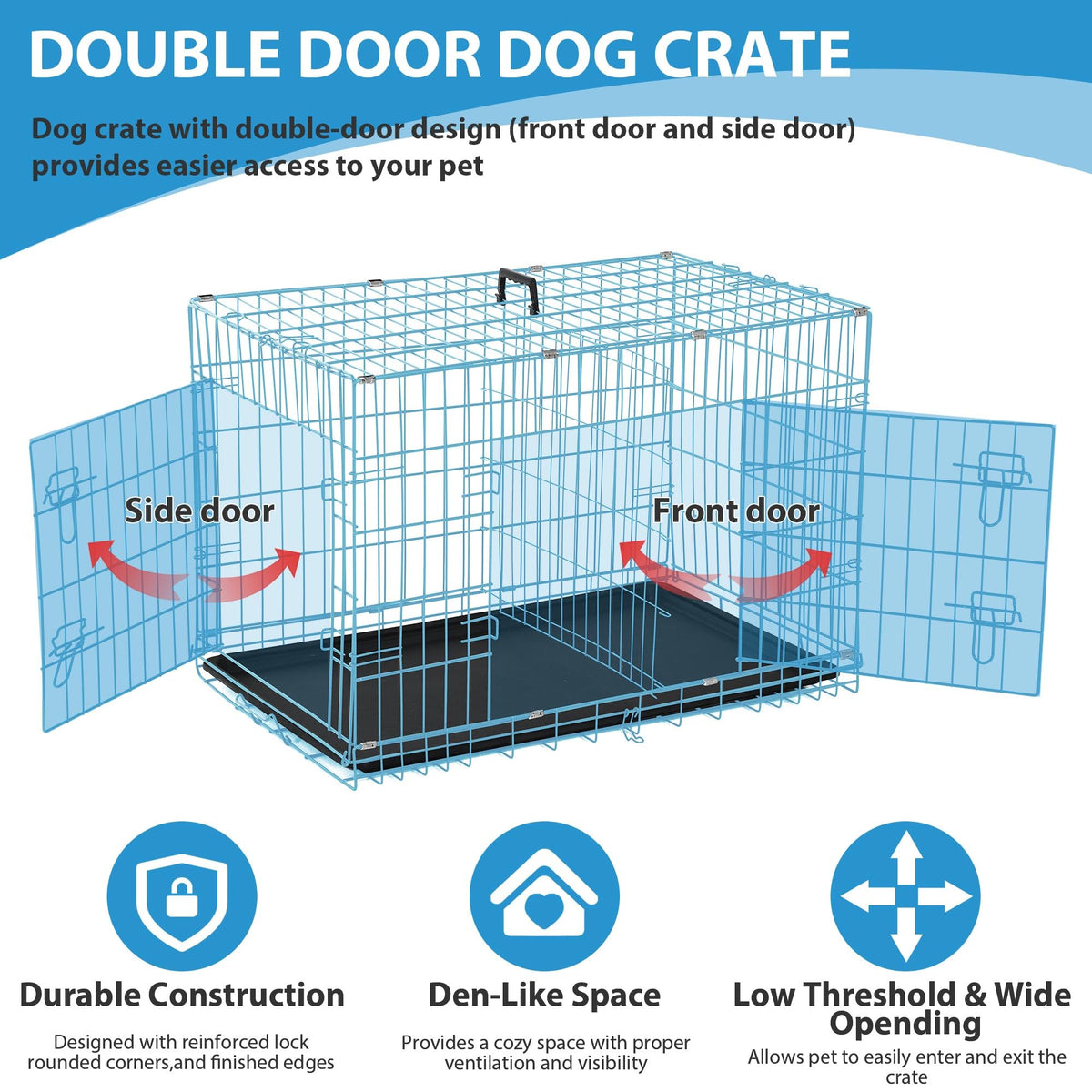48 Inch Double-Door Folding Dog Crate with Tray and Handle F441