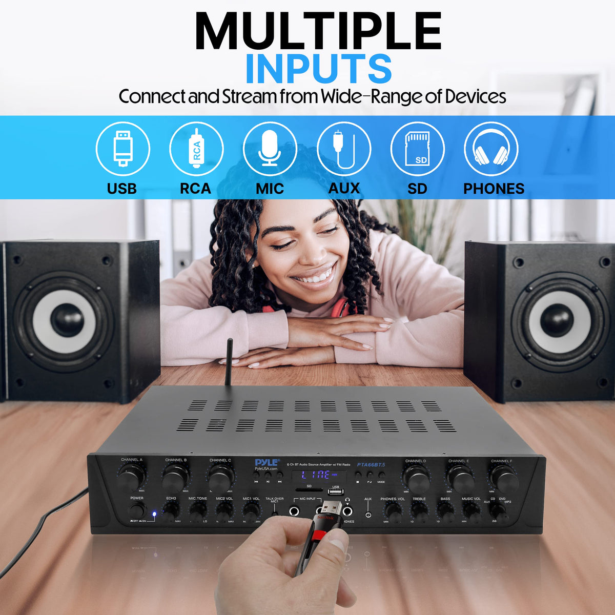 6 Channel 600 Watt Bluetooth Home Audio Amplifier U280