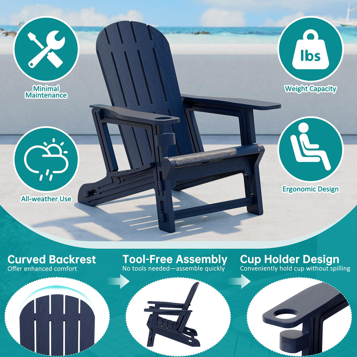 Dark Blue HDPE Adirondack Chairs Set of 2 with Cup Holder K662