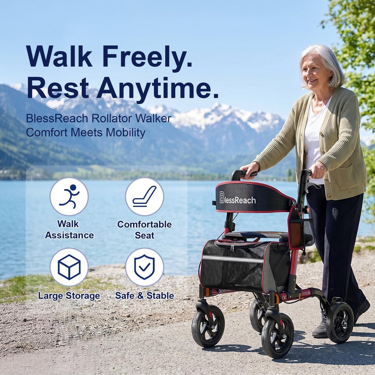 Lightweight Red Rollator Walker with Seat Q3510