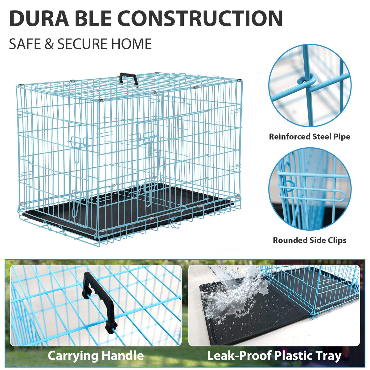 48 Inch Double-Door Folding Dog Crate with Tray and Handle F441
