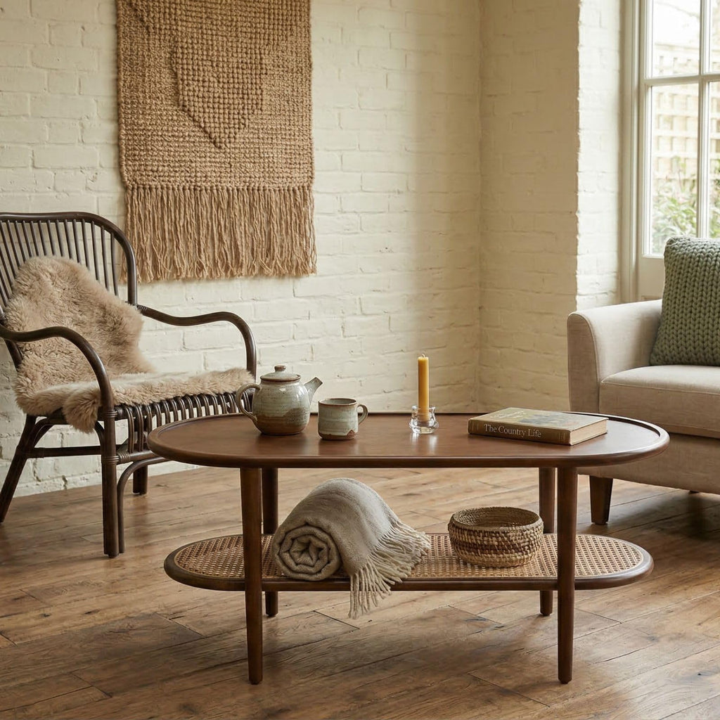 Oval 2-Tier Coffee Table with Rattan Storage Shelf V164150