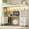 White Twin Size Metal Loft Bed with L-Shaped Desk and 8 Storage Drawers K989476