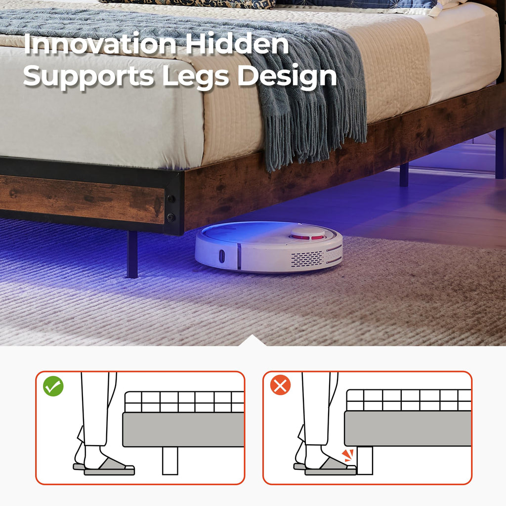 Queen Size Metal Platform Bed Frame with Storage Headboard and LED Lights W28145