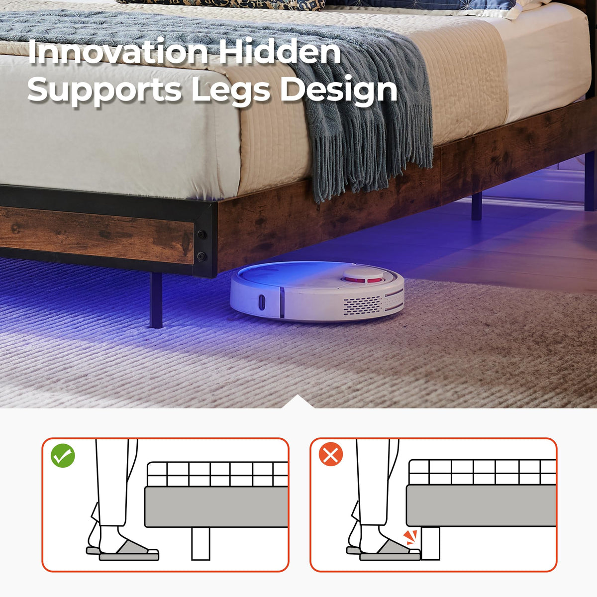Queen Size Metal Platform Bed Frame with Storage Headboard and LED Lights W28145