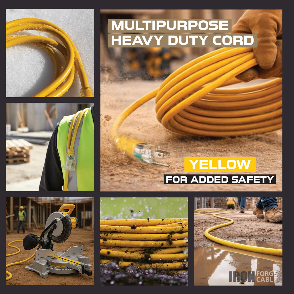 100 Foot Outdoor Extension Cord 12/3 SJTW Heavy Duty Yellow 3 Prong 15 AMP V286