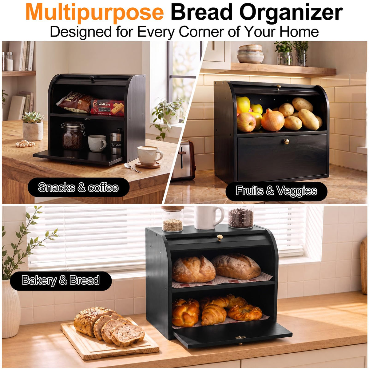 Black Roll Top Bread Box with Cutting Board K82514
