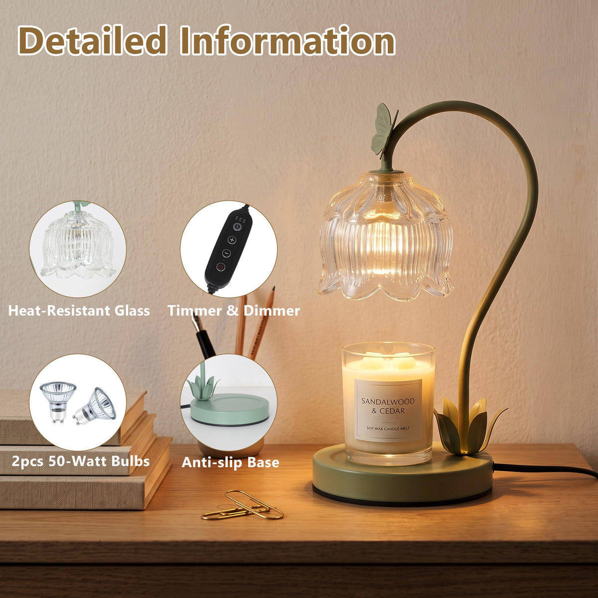 Green Flower Candle Warmer Lamp with Dimmer T158323