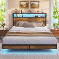 Queen Size Metal Platform Bed Frame with Storage Headboard and LED Lights W28145