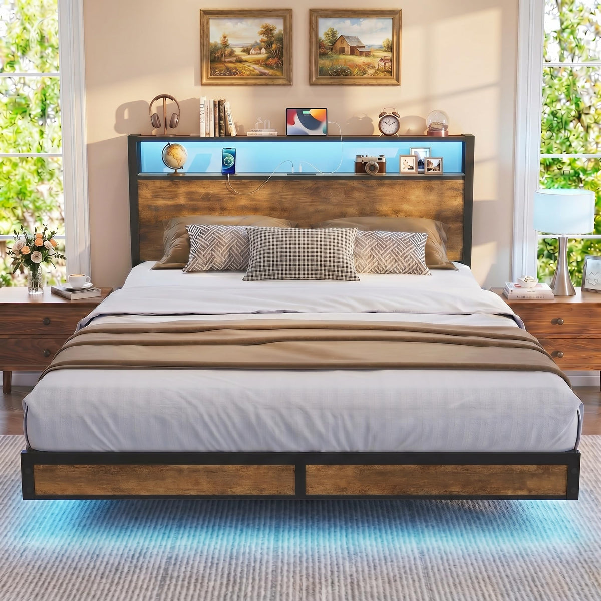 Queen Size Metal Platform Bed Frame with Storage Headboard and LED Lights W28145