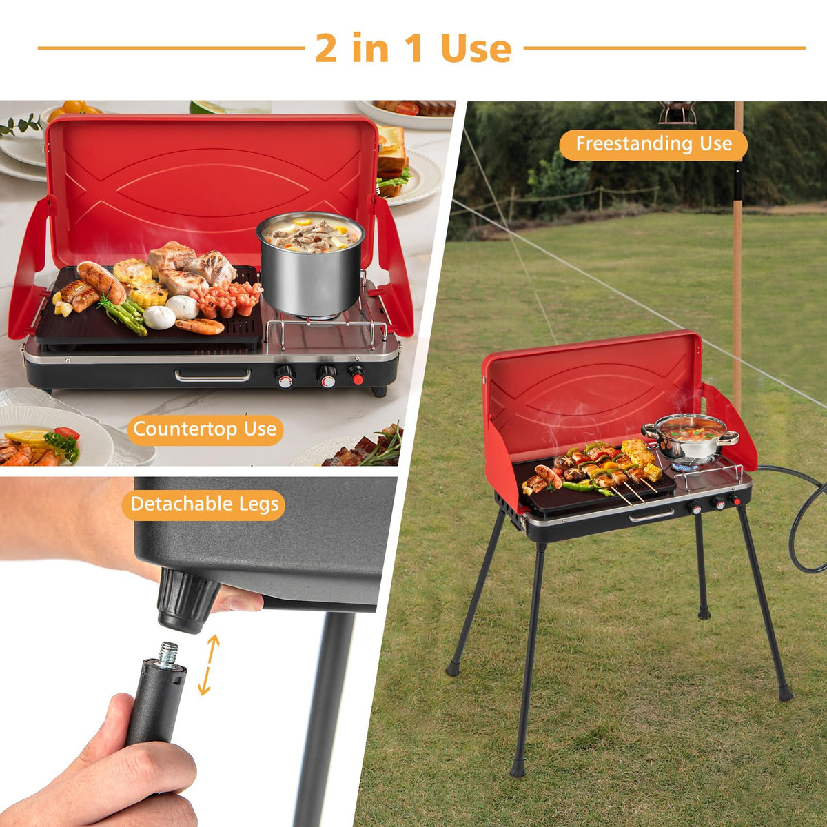 Portable Gas Grill 20000 BTU Camping Stove Burner with 2 Cooking Area Red C45703