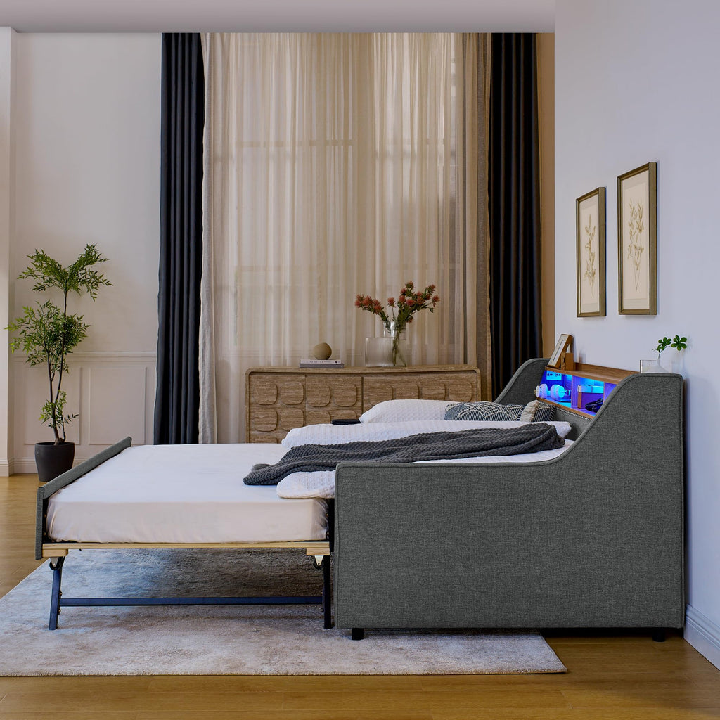 Twin Linen Upholstered Daybed with Pop Up Trundle B45966