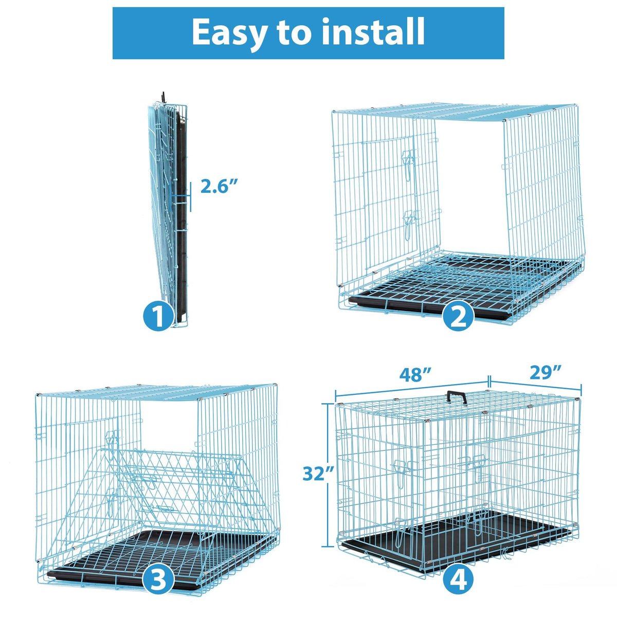 48 Inch Double-Door Folding Dog Crate with Tray and Handle F441