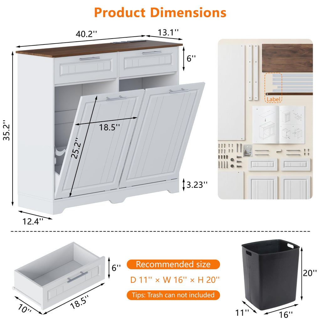Double 10 Gallon Tilt Out Trash Can Cabinet with Power Outlet, White S742374