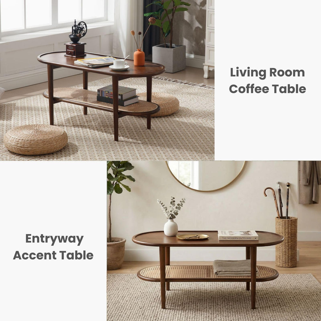 Oval 2-Tier Coffee Table with Rattan Storage Shelf V164150