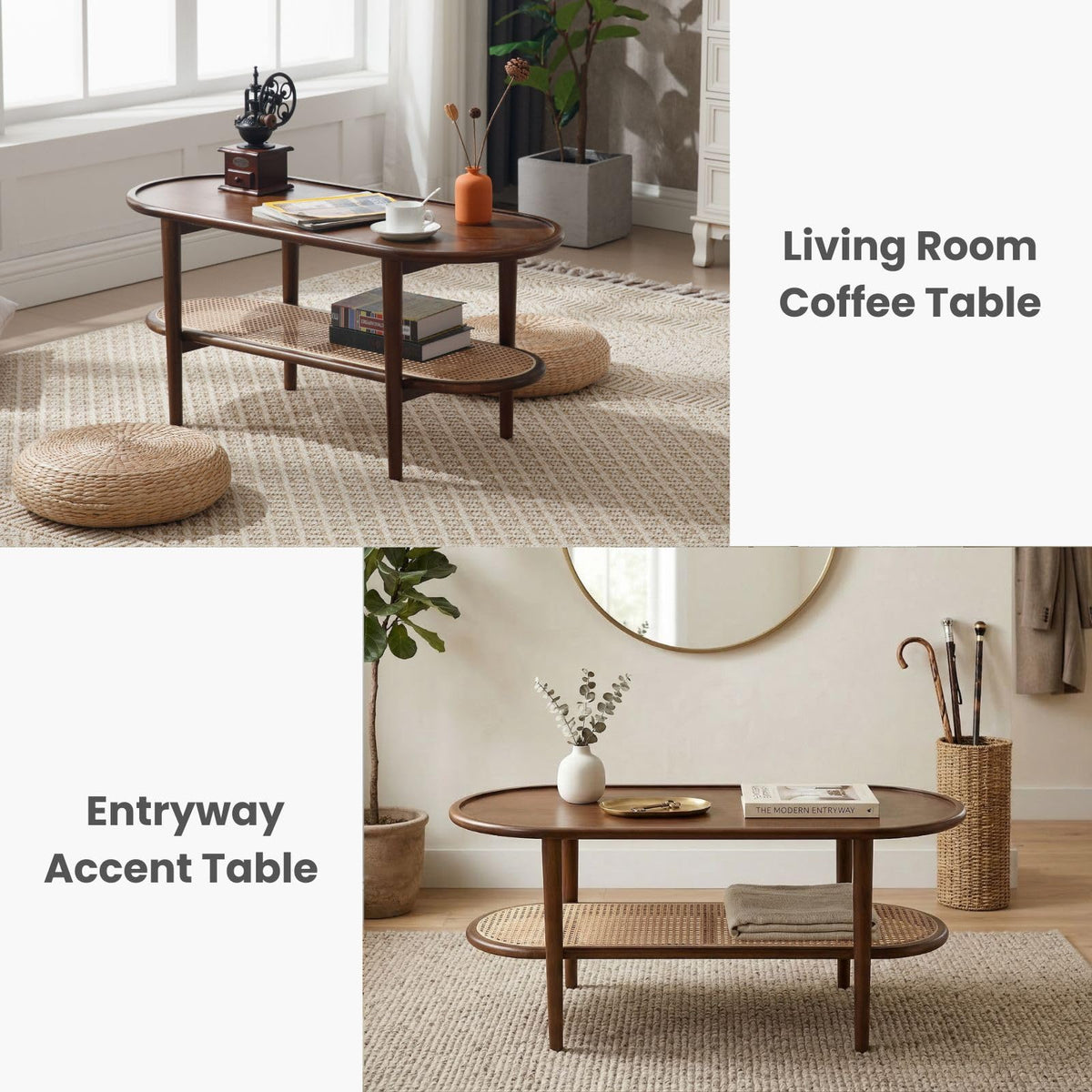 Oval 2-Tier Coffee Table with Rattan Storage Shelf V164150