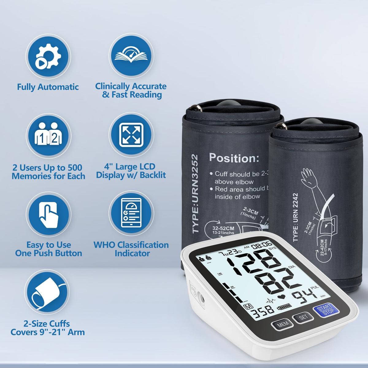Upper Arm Blood Pressure Machine with 2 Size Cuffs and Backlit LCD M2994