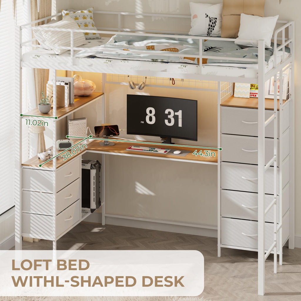 White Twin Size Metal Loft Bed with L-Shaped Desk and 8 Storage Drawers K989476